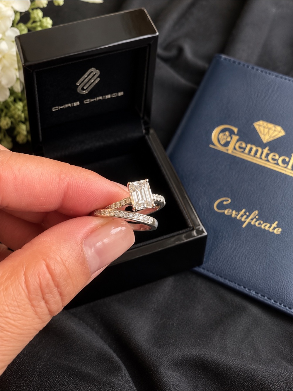 18K White Gold 1.50ct Emerald Cut Moissanite & Diamond Bridal Ring Set